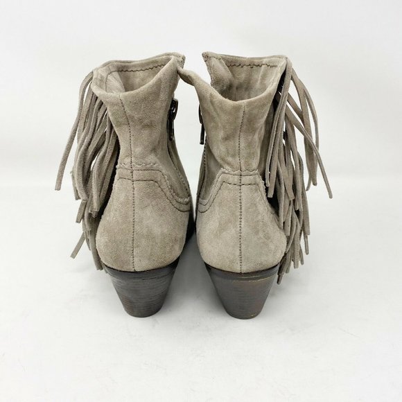 SAM EDELMAN LOUIE Boots Sz 9 Tan Suede Leather Fringe Ankle Booties Stacked Heel - Picture 7 of 11